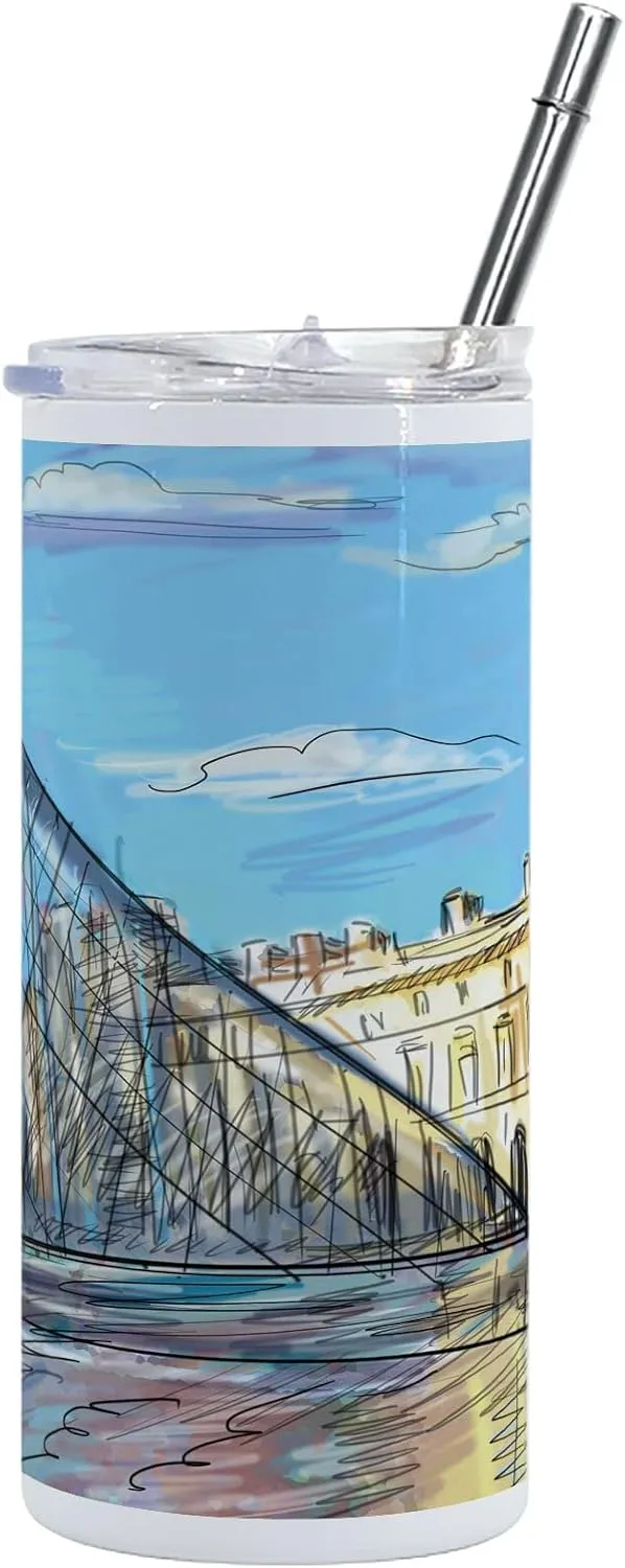 Lunarable Sketchy 12 Oz Skinny Tumbler, Museum Themed Paris Watercolor Modern French Place Pop Art Style Day Time Image, Vacuum Insulated Travel Canteen Cup Leakproof for Travel Picnic, Cream and Blue