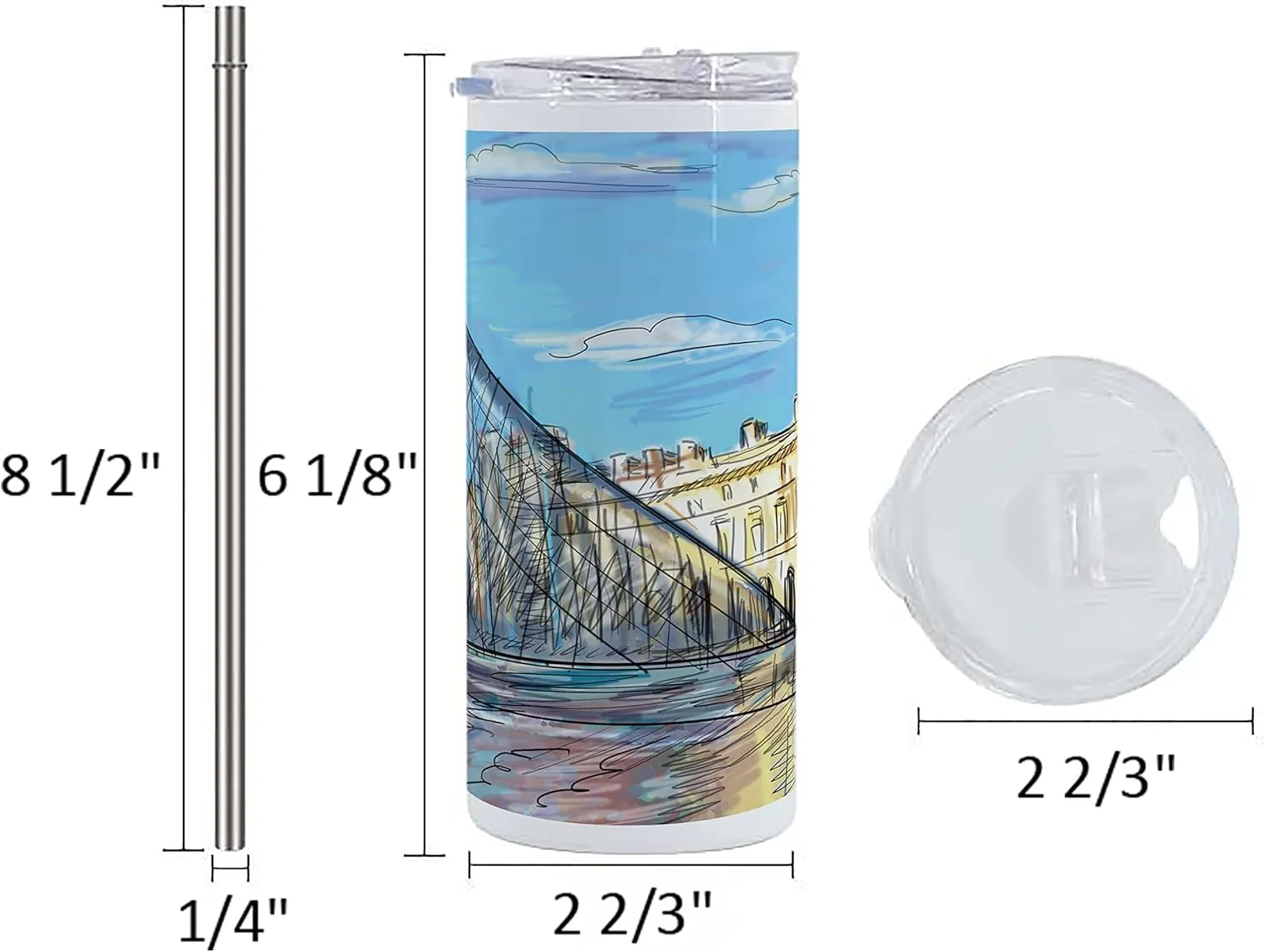 Lunarable Sketchy 12 Oz Skinny Tumbler, Museum Themed Paris Watercolor Modern French Place Pop Art Style Day Time Image, Vacuum Insulated Travel Canteen Cup Leakproof for Travel Picnic, Cream and Blue