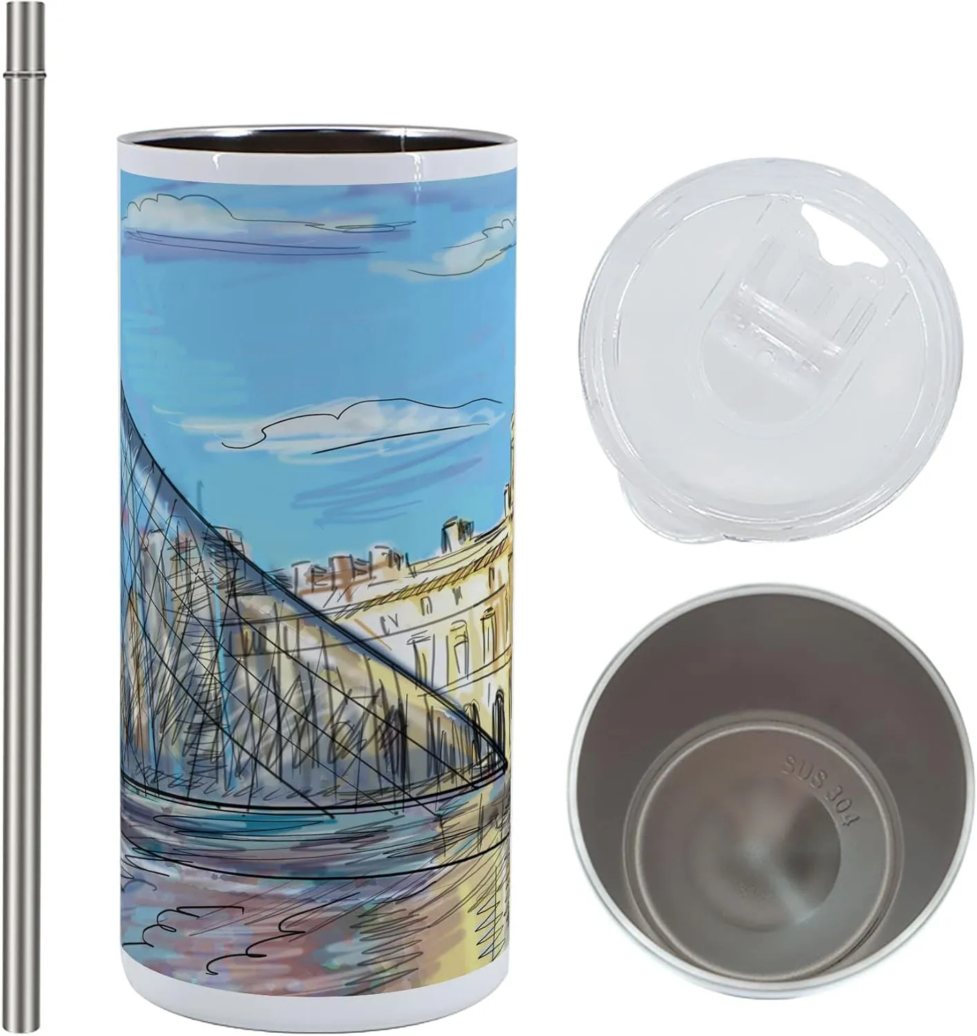 Lunarable Sketchy 12 Oz Skinny Tumbler, Museum Themed Paris Watercolor Modern French Place Pop Art Style Day Time Image, Vacuum Insulated Travel Canteen Cup Leakproof for Travel Picnic, Cream and Blue