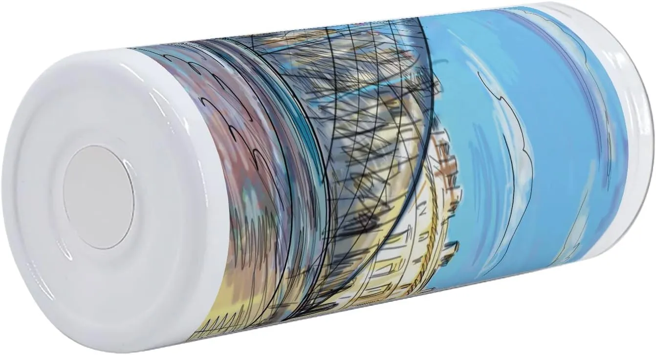 Lunarable Sketchy 12 Oz Skinny Tumbler, Museum Themed Paris Watercolor Modern French Place Pop Art Style Day Time Image, Vacuum Insulated Travel Canteen Cup Leakproof for Travel Picnic, Cream and Blue