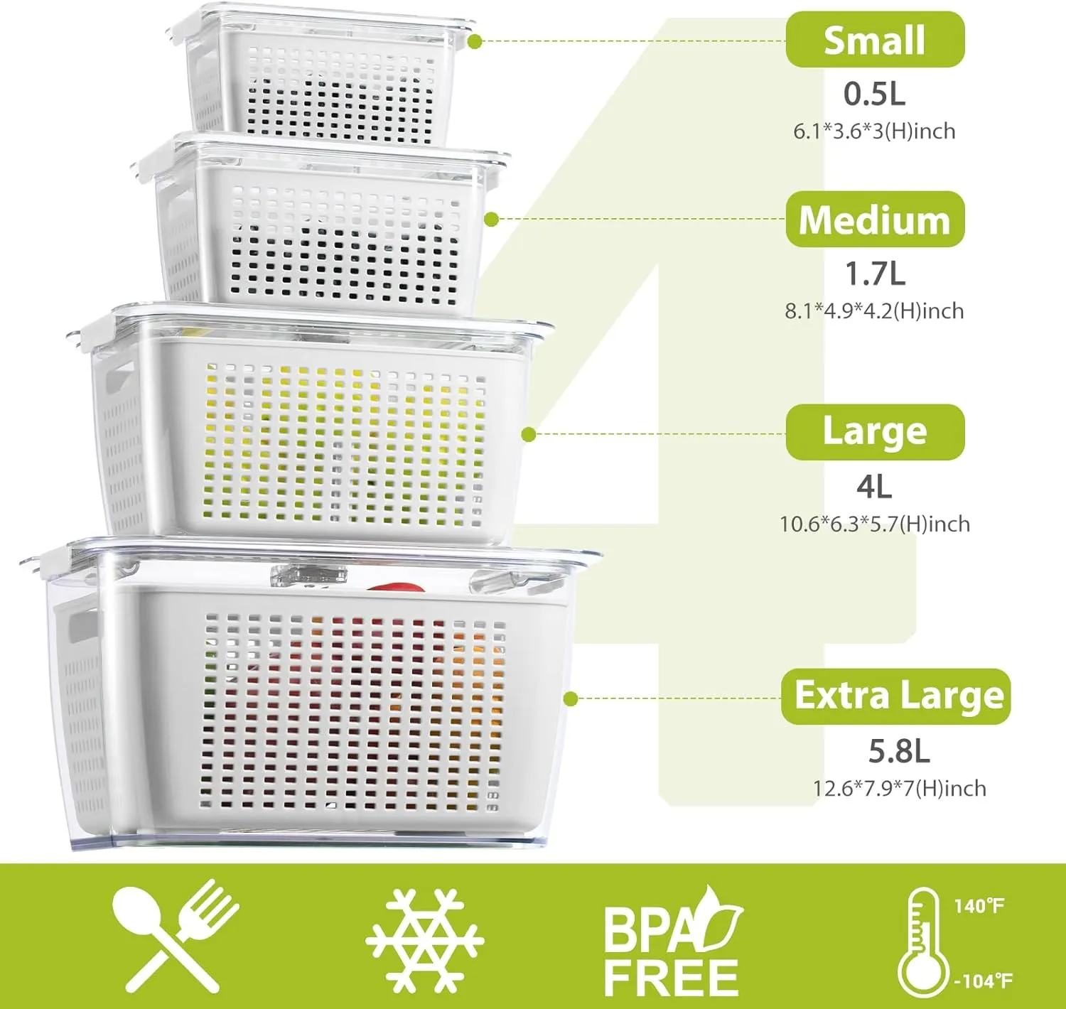 LUXEAR 4 Pack Fruit Vegetable Containers for Fridge, Produce Saver Container with Lids &Removable Colander BPA-free Refrigerator Storage Organizer for Fruit Vegetable, Berry, Meat keep Fresh Longer