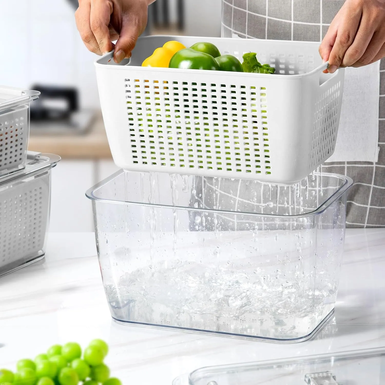 LUXEAR 4 Pack Fruit Vegetable Containers for Fridge, Produce Saver Container with Lids &Removable Colander BPA-free Refrigerator Storage Organizer for Fruit Vegetable, Berry, Meat keep Fresh Longer