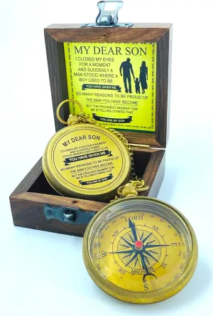 MADSNIIB Brass Compass with Chain and Wooden Box, Engraved My Dear Son Graduation Gift,Nautical Brass Compass, Handmade Gift Idea on Thanksgiving,Christmas, New Year,Vintage Gift Idea