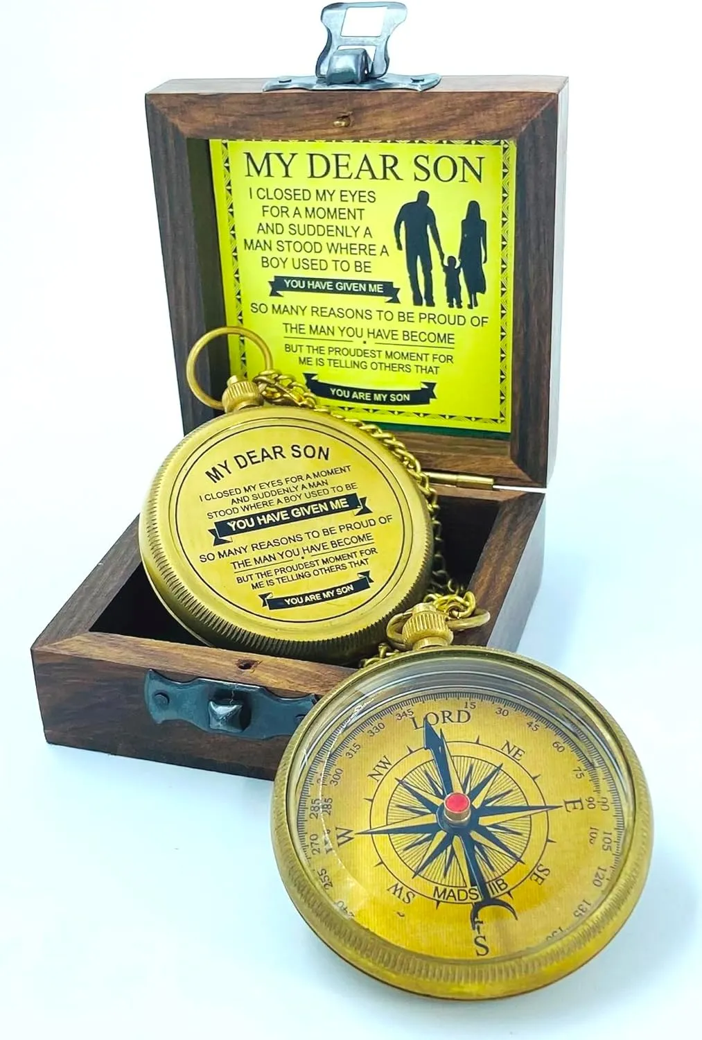 MADSNIIB Brass Compass with Chain and Wooden Box, Engraved My Dear Son Graduation Gift,Nautical Brass Compass, Handmade Gift Idea on Thanksgiving,Christmas, New Year,Vintage Gift Idea