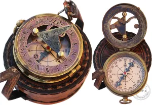 MAI Brass Sundial Compass Beautiful Gift Item with Leather Case - Sun Clock - Steampunk Accessory – Nautical Gift – Wedding Gifts for Him – Sundial Watch