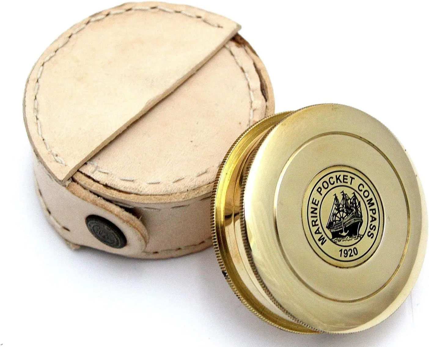 Marine Pocket Compass with Leather Case, Brass Construction, Robert Frost Poem, Vintage Style Navigation Tool