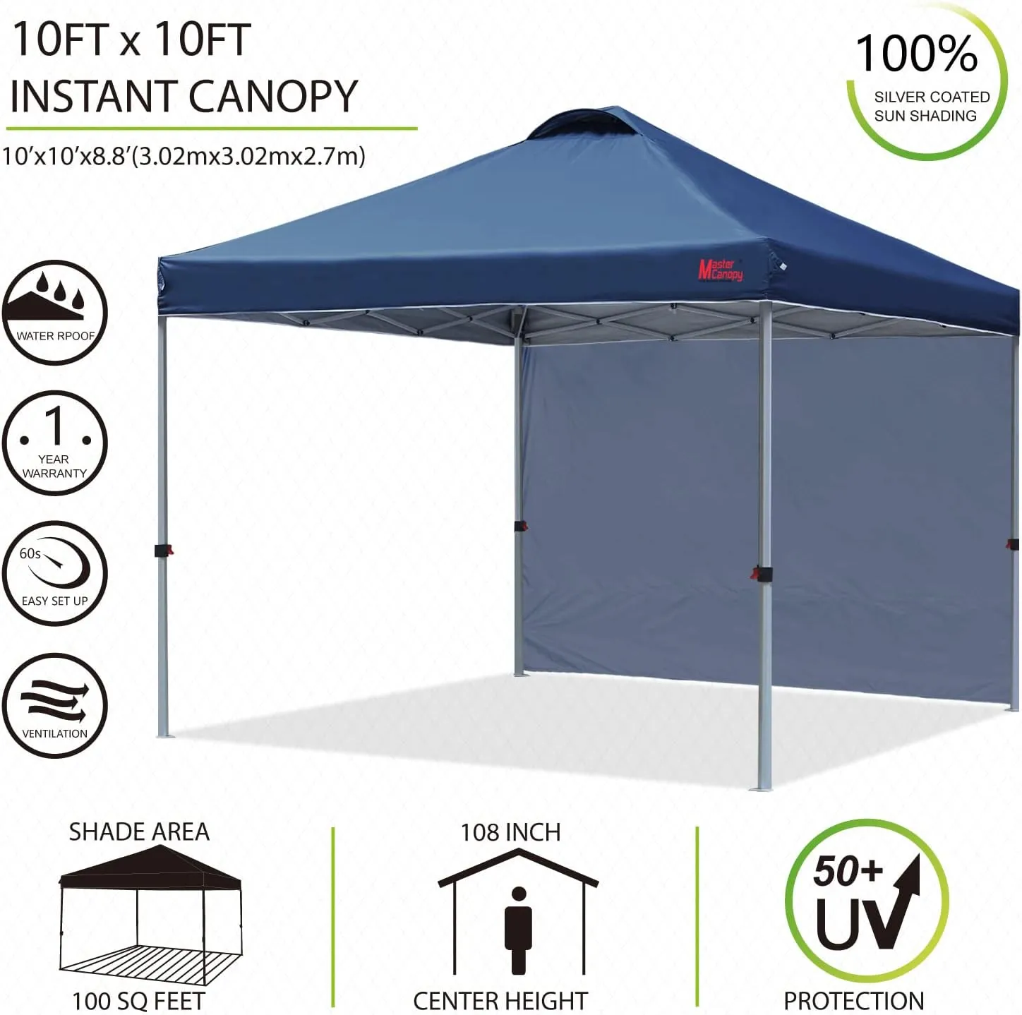 MASTERCANOPY Durable Pop-up Canopy Tent with 1 Sidewall (10'x10',Navy Blue)