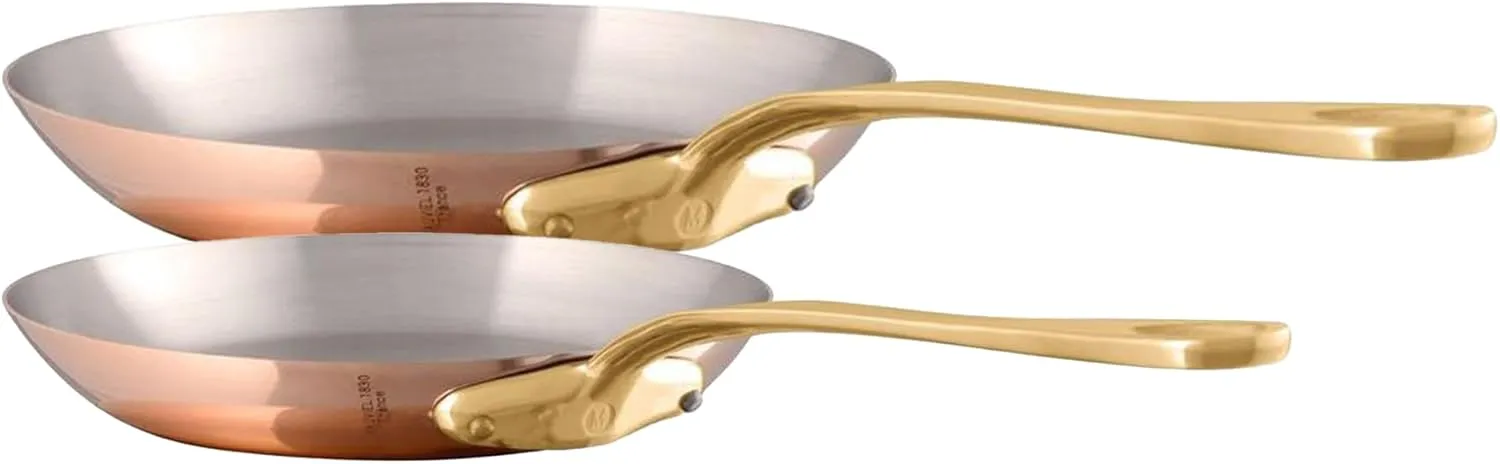 Mauviel M'200 B 2mm Polished Copper & Stainless Steel 2-Piece Frying Pan Set With Brass Handles, Made In France