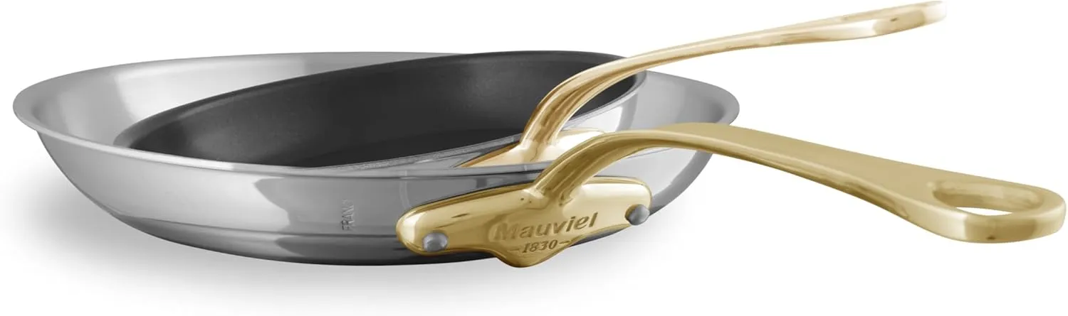 Mauviel M'Cook B 5-Ply Polished Stainless Steel 2-Piece Frying Pan Set With Brass Handles, Made In France