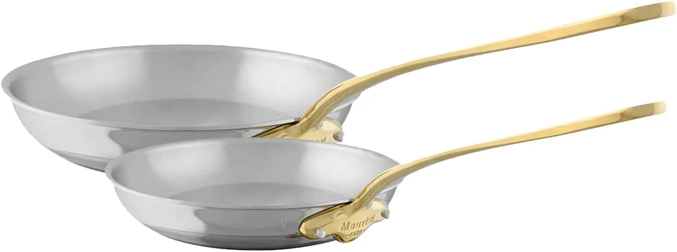 Mauviel M'Cook B 5-Ply Polished Stainless Steel 2-Piece Frying Pan Set With Brass Handles, Made In France
