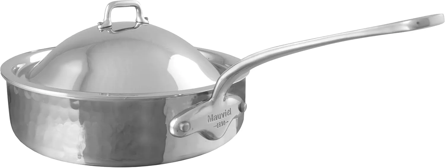 Mauviel M'Elite 5-Ply Hammered Polished Stainless Steel Saute Pan With Lid, And Cast Stainless Steel Handles, 3.2-qt, Made in France
