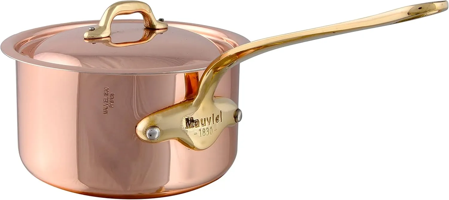 Mauviel M'Heritage 150 B 1.5mm Polished Copper & Stainless Steel Sauce Pan With Lid, And Brass Handles, 0.9-qt, Made in France