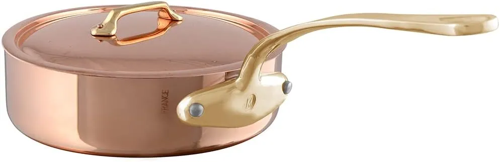 Mauviel M'Heritage 200 B 2mm Polished Copper & Stainless Steel Saute Pan With Lid, And Brass Handles, 3.2-qt, Made in France