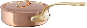 Mauviel M'Heritage 200 B 2mm Polished Copper & Stainless Steel Saute Pan With Lid, And Brass Handles, 3.2-qt, Made in France
