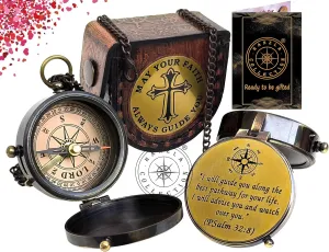 May Your Faith Always Guide You Engraved Religious Compass, Brass Camping Compass, Pocket Gift Magnetic Compass with Stamped Leather Carry Case - Graduation Day Gifts Compass for Women Mens Boy Girls