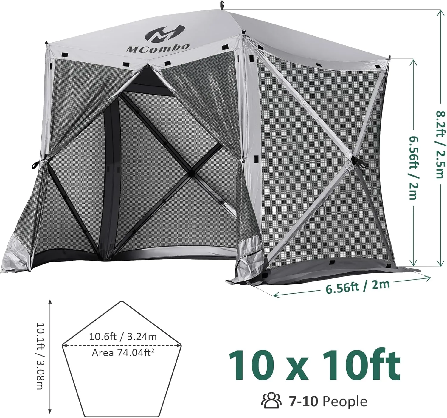 MCombo 10x10ft 5-Sided Pop-Up Gazebo Tent Only, Screened Outdoor Shelter with Netting, Quick Setup Patio Pavilion, No Wind Panels Included, 1024 (Silver Gray, 10x10ft Pop-Up Gazebo Tent Only)