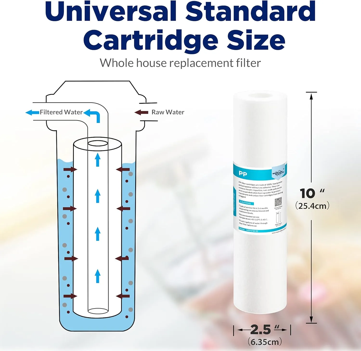 Membrane Solutions 10 Micron Sediment Water Filter Replacement Polypropylene Cartridge 10"x 2.5" for Whole House RO System, Compatible with Aqua-Pure AP110, GE FXUSC, WHKF-GD05, Culligan P5-6 Pack