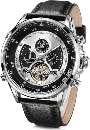 Men's Automatic Watch Dual Time Zone Mechanical Skeleton Watch Genuine Leather Strap