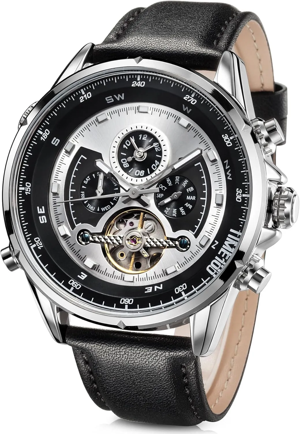 Men's Automatic Watch Dual Time Zone Mechanical Skeleton Watch Genuine Leather Strap