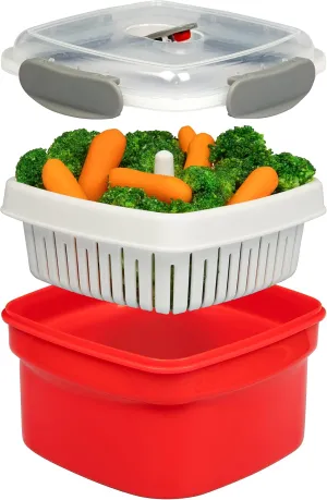 Microwave Cookware Steamer- 3 Piece Microwave Cooker w Food Container, Removable Strainer and Locking Steam Vent Lid- BPA Free, Fridge and Freezer Safe | 1.3 Liters, 6x6x4 Inches