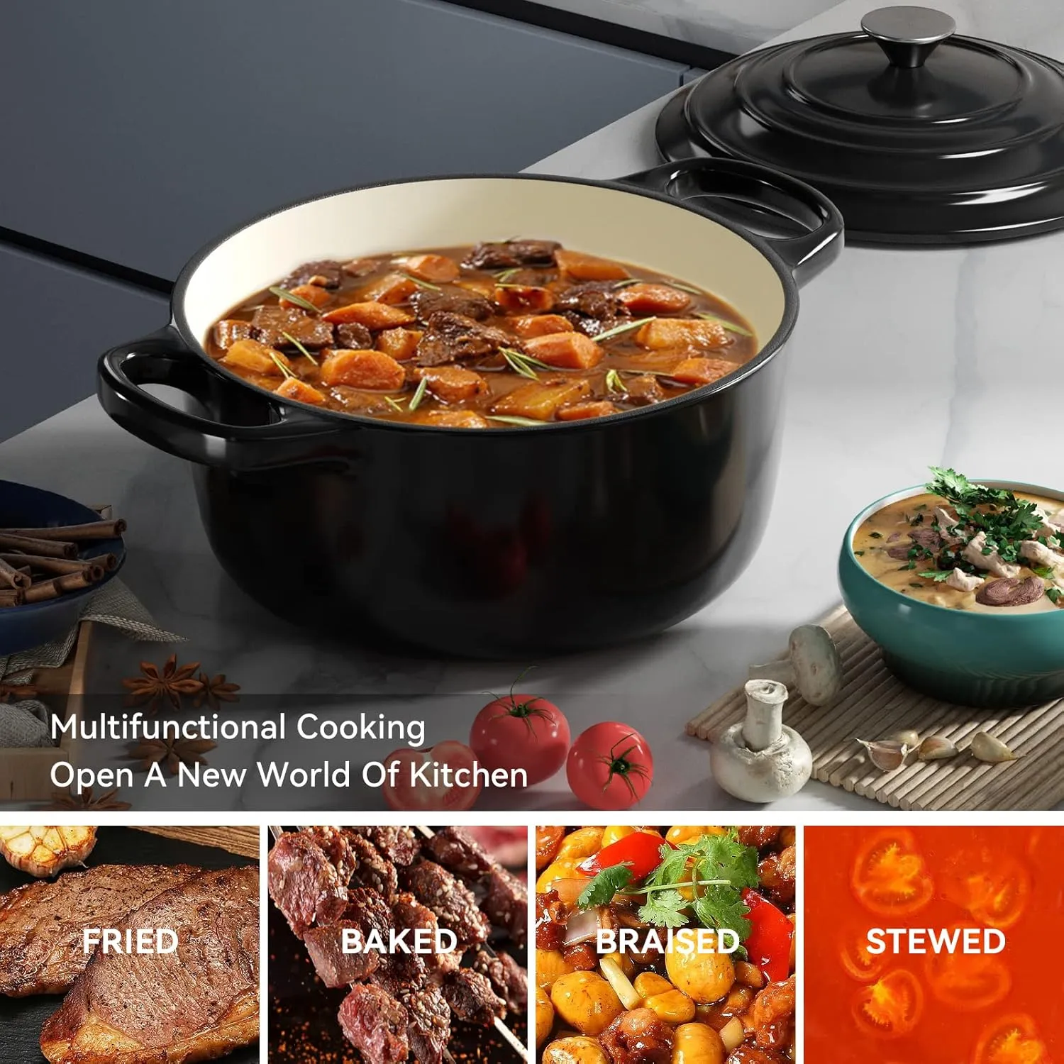 Miereirl 6 Quart Enameled Dutch Oven Pot with Lid, Cast Iron Dutch Oven with Dual Handles for Bread Baking, Cooking, Non-stick Enamel Coated Cookware (Black)