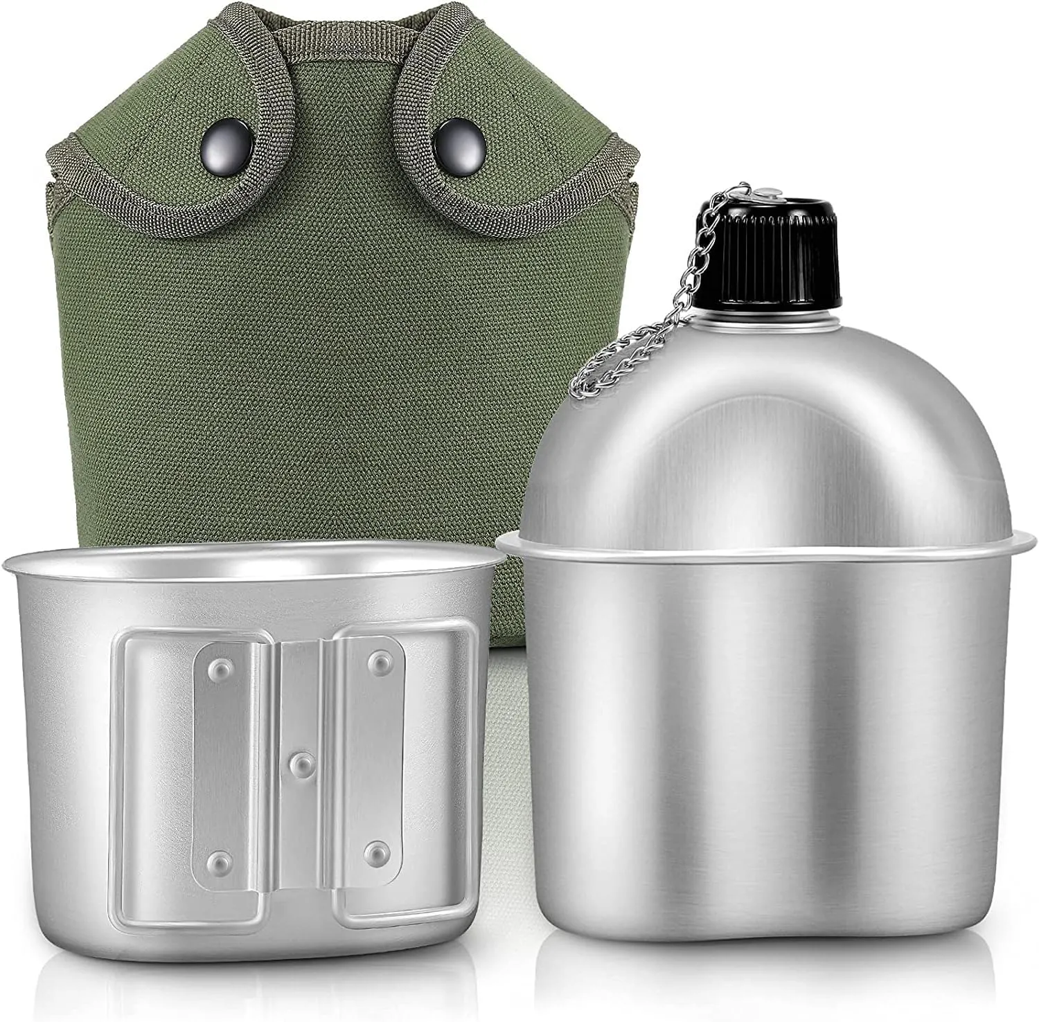 Military Army Canteen 1QT Aluminum Cup Water Bottle Mug Nylon Cover Hiking Portable Water Bottle Stainless Steel Military Canteen with Cup Green Bag Outdoor Sport Camping Hiking Travel