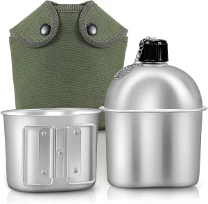 Military Army Canteen 1QT Aluminum Cup Water Bottle Mug Nylon Cover Hiking Portable Water Bottle Stainless Steel Military Canteen with Cup Green Bag Outdoor Sport Camping Hiking Travel