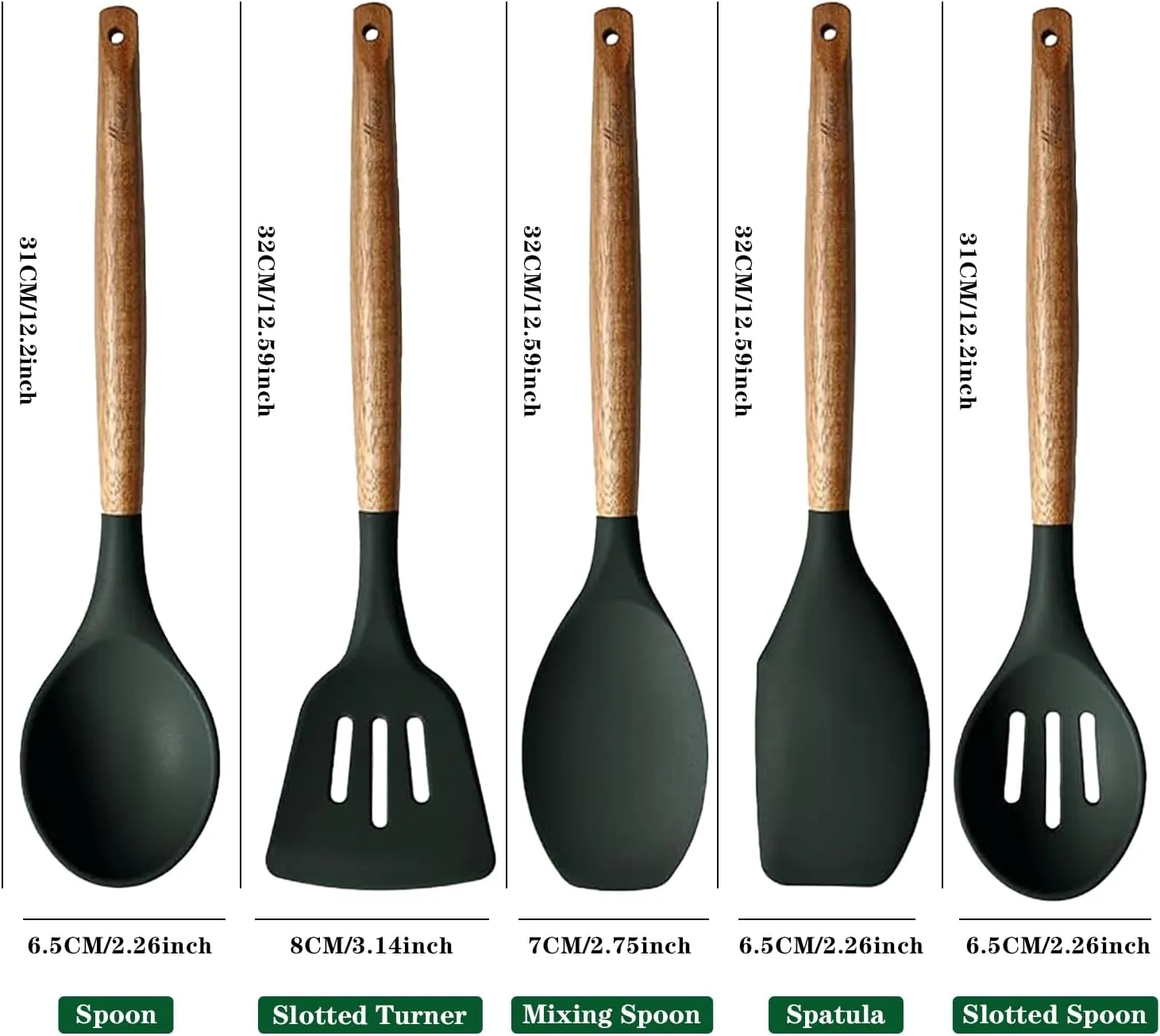 Miusco Non-Stick Silicone Cooking Utensils Set with Natural Acacia Hard Wood Handle, 5 Piece, High Heat Resistant (Green)