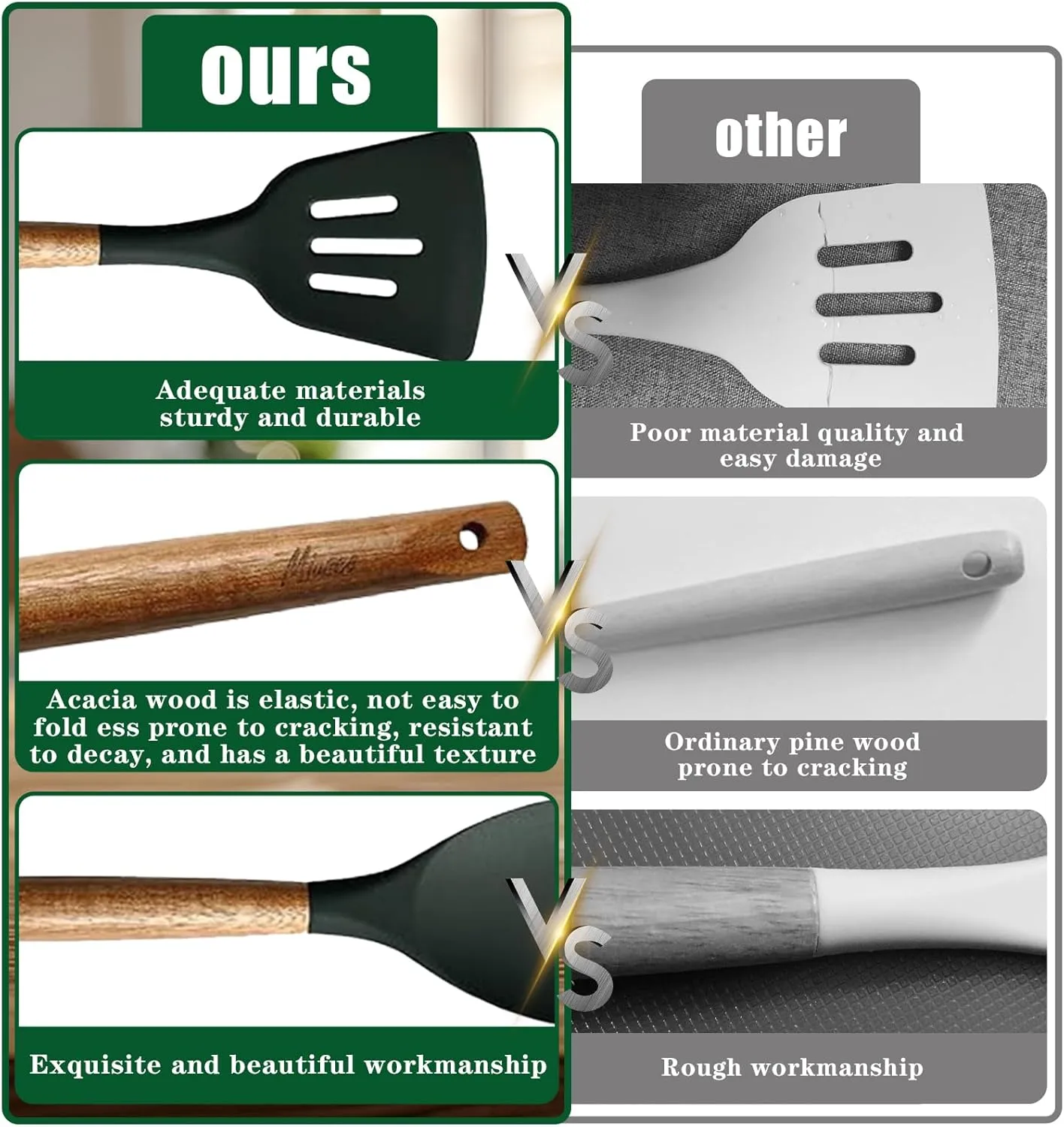 Miusco Non-Stick Silicone Cooking Utensils Set with Natural Acacia Hard Wood Handle, 5 Piece, High Heat Resistant (Green)