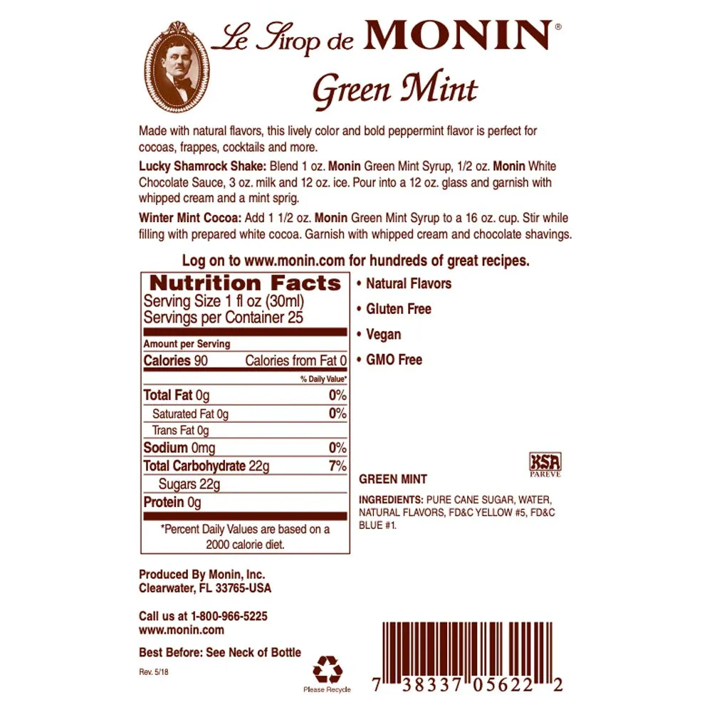 Monin - Green Mint Syrup, Bold Peppermint Coolness, Natural Flavors, Great for Smoothies, Sodas, Cocktails, and Teas, Non-GMO, Gluten-Free (750 ml)