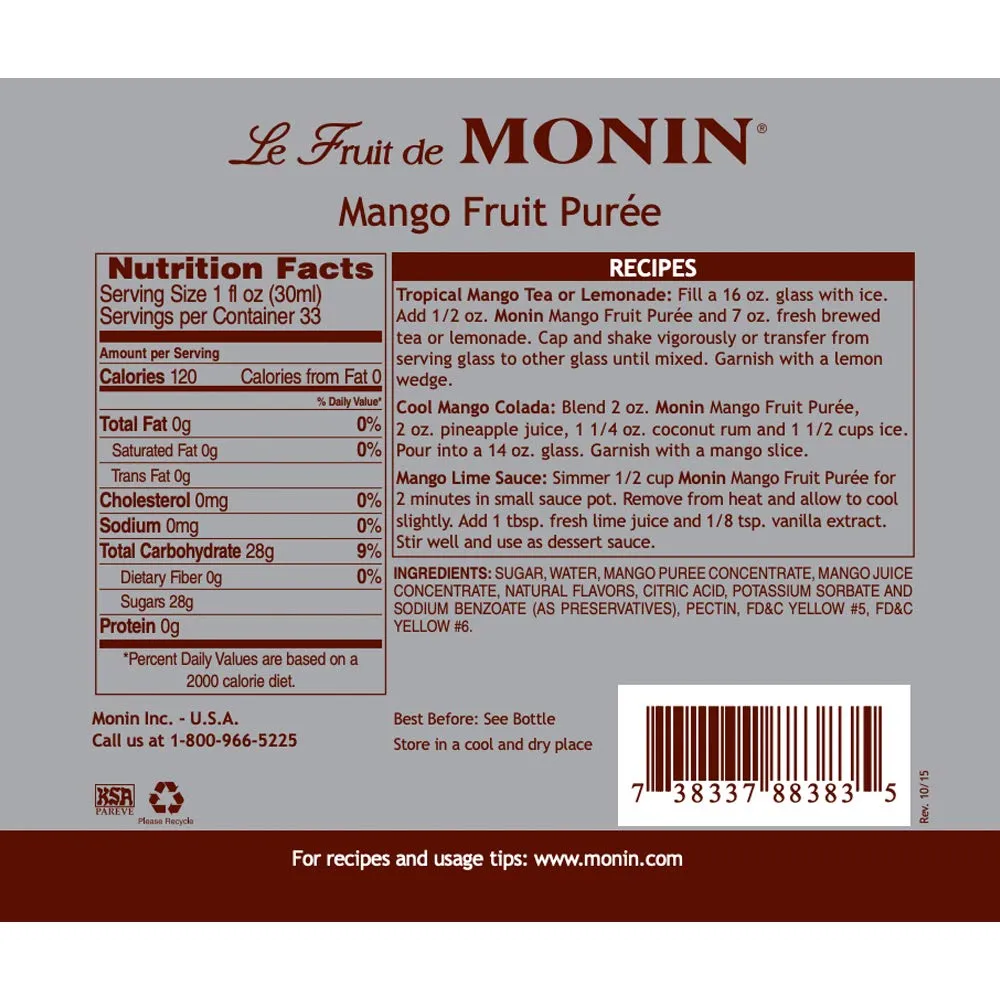 Monin - Mango Purée, Tropical and Sweet Mango Flavor, Natural Flavors, Great for Teas, Lemonades, Smoothies, and Cocktails, Non-GMO, Vegan, Gluten-Free (1 Liter)