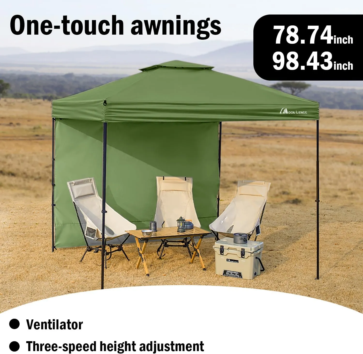 MOON LENCE Tarp Tent One-Touch(Two Width: 78.74 inch/98.43 inch), 3-Step Adjustable Easy to Assemble, UV-Cut Sunshade Steel Tent Tarp Camping Outdoor Leisure Equipment (6.6 ft Green)
