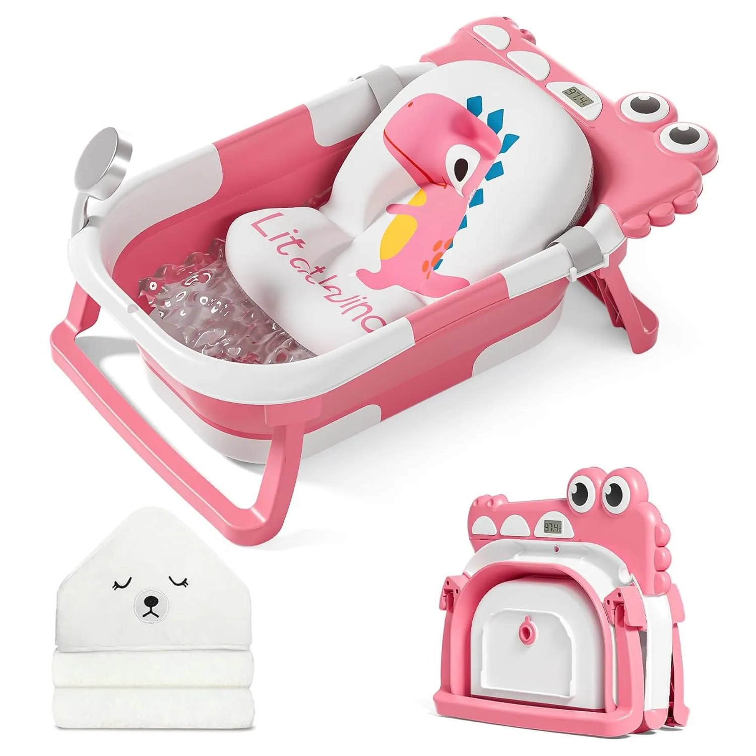 MoreFeel Collapsible Baby Bathtub for Newborn with Thermometer & 1 Hooded Towel & 1 Soft Floating Cushion,Portable Travel Bathtub with Drain Hole, Durable Foldable Baby Tubs for Infants to Toddler