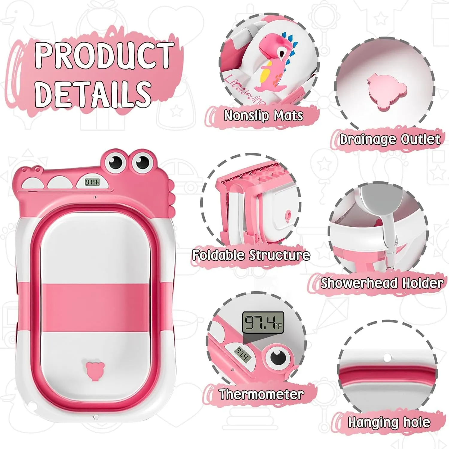 MoreFeel Collapsible Baby Bathtub for Newborn with Thermometer & 1 Hooded Towel & 1 Soft Floating Cushion,Portable Travel Bathtub with Drain Hole, Durable Foldable Baby Tubs for Infants to Toddler