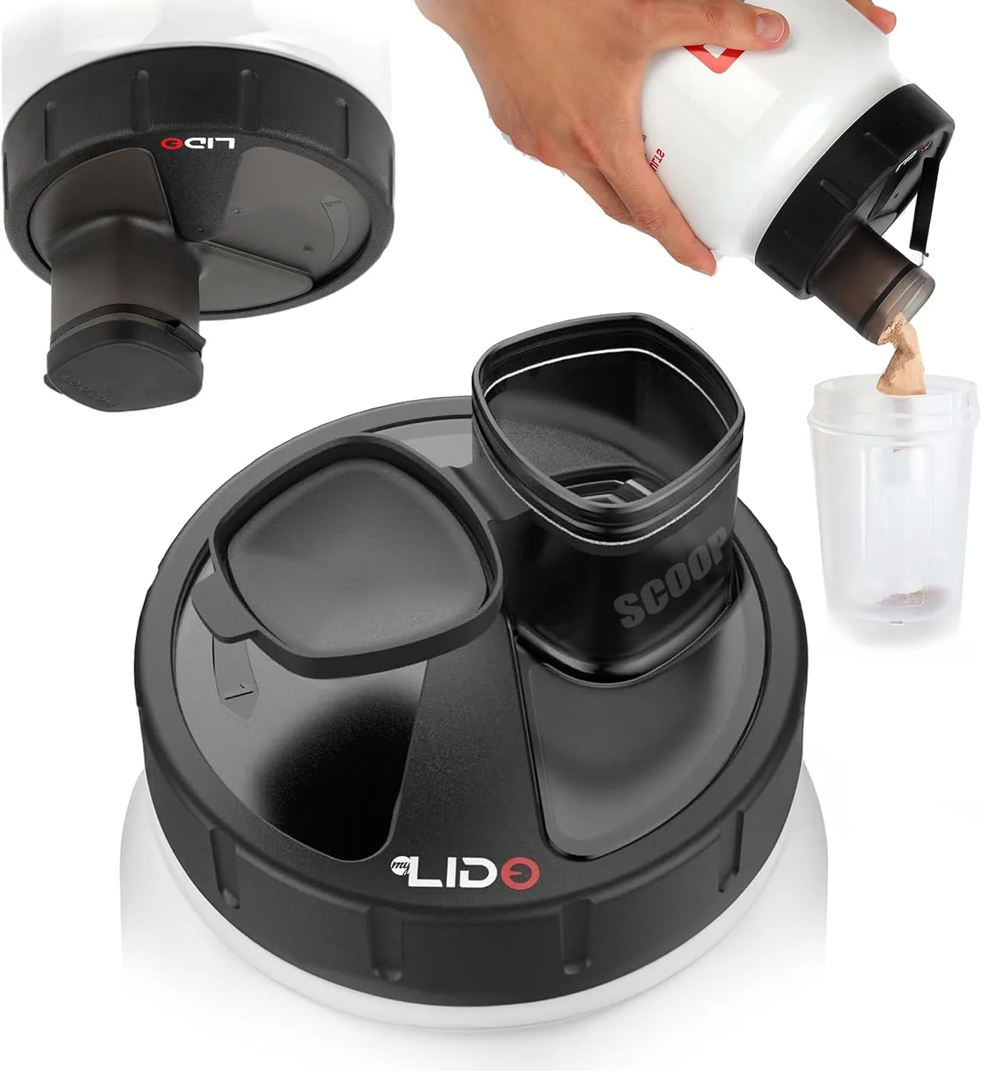MYLIDO Protein Dispenser Scoop Powder Dispense Supplement Funnel Universal Size Fits All Brands, Pre and Post Workout BPA Free Hands Clean Attachment Container Lid MyLid-O