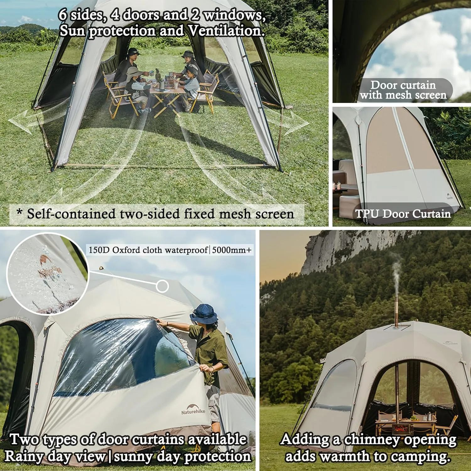 Naturehike Quarter/Hexagonal Camping Tent Canopy Sun Shade,Outdoor Tent for Camping,Fishing,Picnics, Canopy Available with Ground Cloth,Door Curtains,Tent Connector