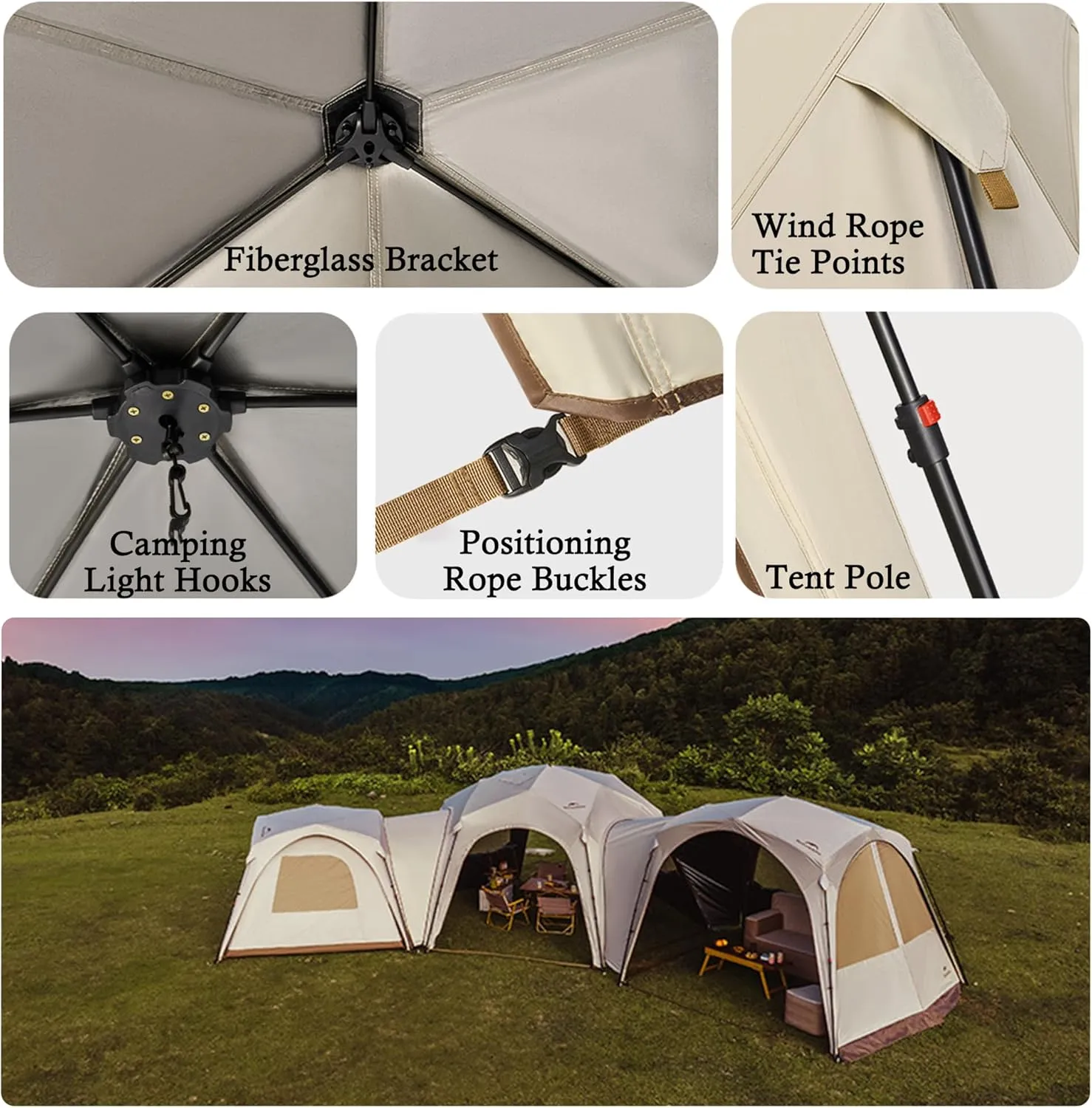 Naturehike Quarter/Hexagonal Camping Tent Canopy Sun Shade,Outdoor Tent for Camping,Fishing,Picnics, Canopy Available with Ground Cloth,Door Curtains,Tent Connector