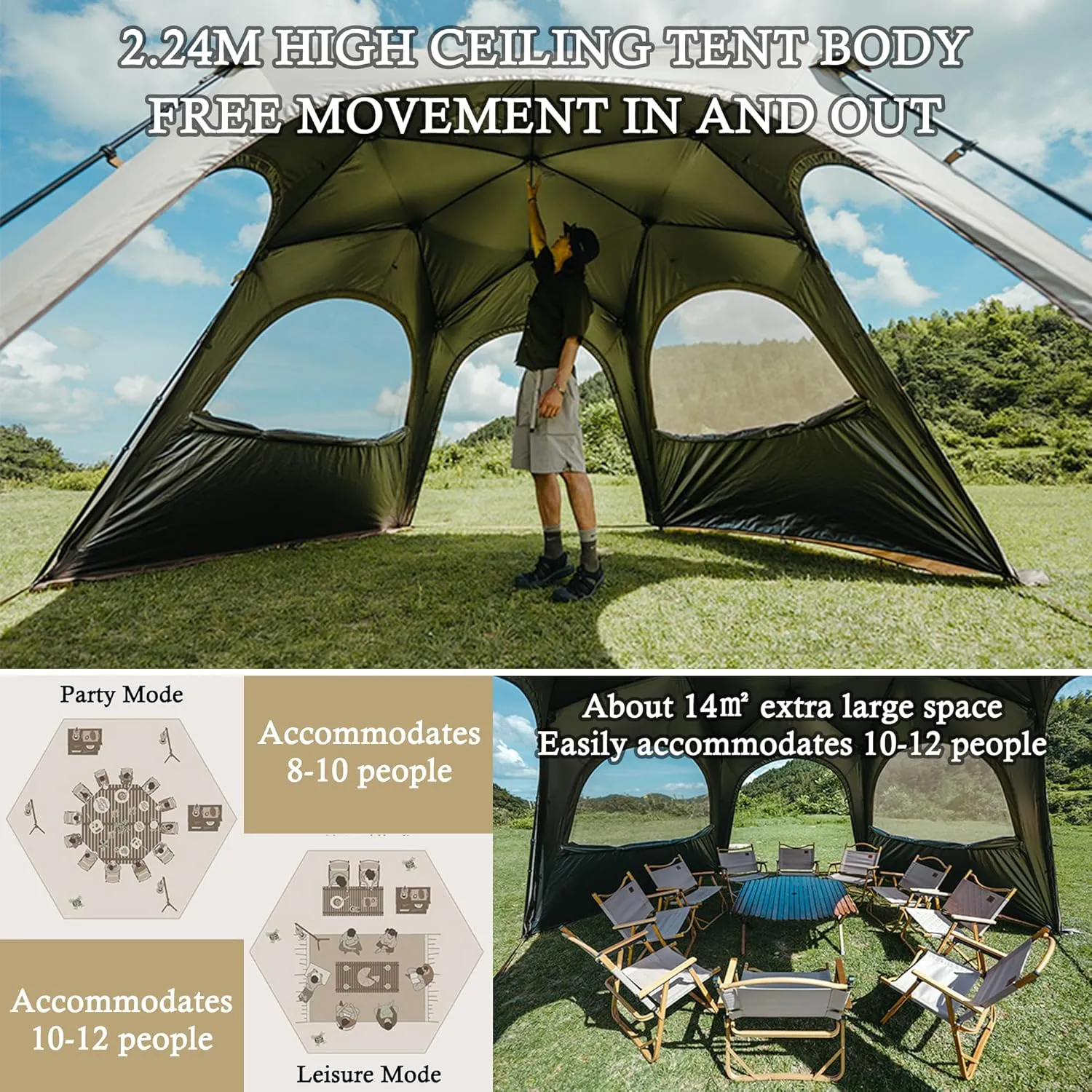 Naturehike Quarter/Hexagonal Camping Tent Canopy Sun Shade,Outdoor Tent for Camping,Fishing,Picnics, Canopy Available with Ground Cloth,Door Curtains,Tent Connector