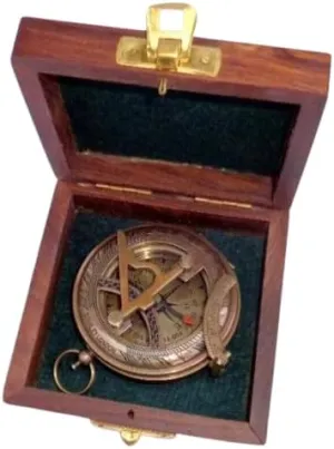 Nautical Brass Pocket Sundial Push Buton Compass Navigational Antique Style Compass with Wooden Box for Camping & Hiking, Standard, As Shown In Imagwe