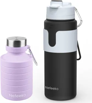 Nefeeko 26oz Collapsible Water Bottles Bundles, Silicone Foldable Water Bottles Leakproof BPA Free Travel Water Bottles with Carabiner (Purple Black)