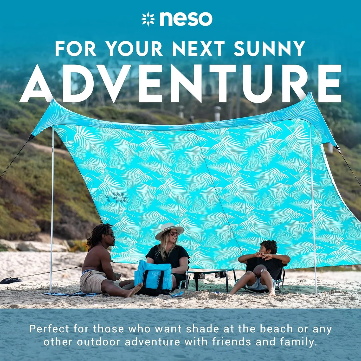 Neso Gigante - Portable Beach Tent - Ideal to Enjoy with Family and Friends - UPF 50 , Water-Resistant, and Lightweight - Aqua Fronds, 11' x 11'