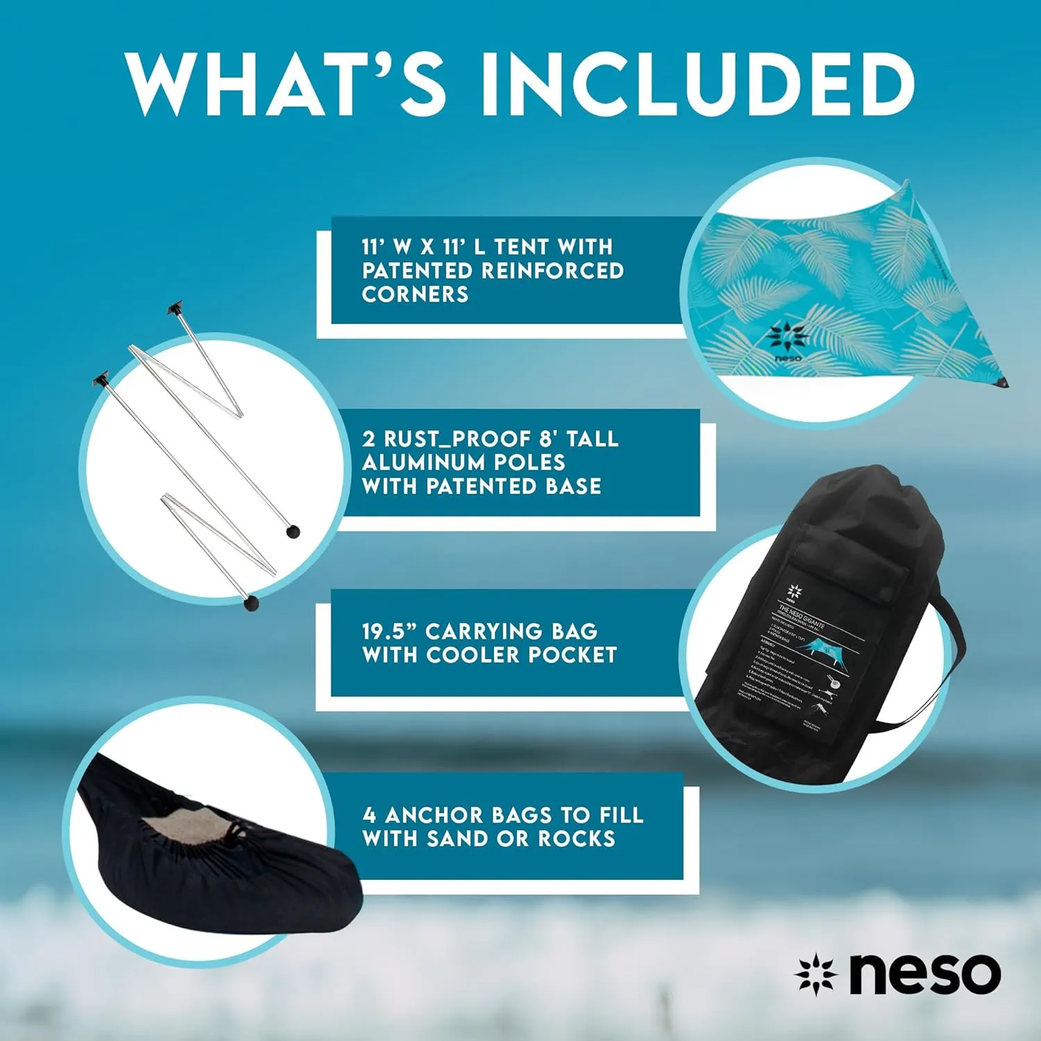 Neso Gigante - Portable Beach Tent - Ideal to Enjoy with Family and Friends - UPF 50 , Water-Resistant, and Lightweight - Aqua Fronds, 11' x 11'