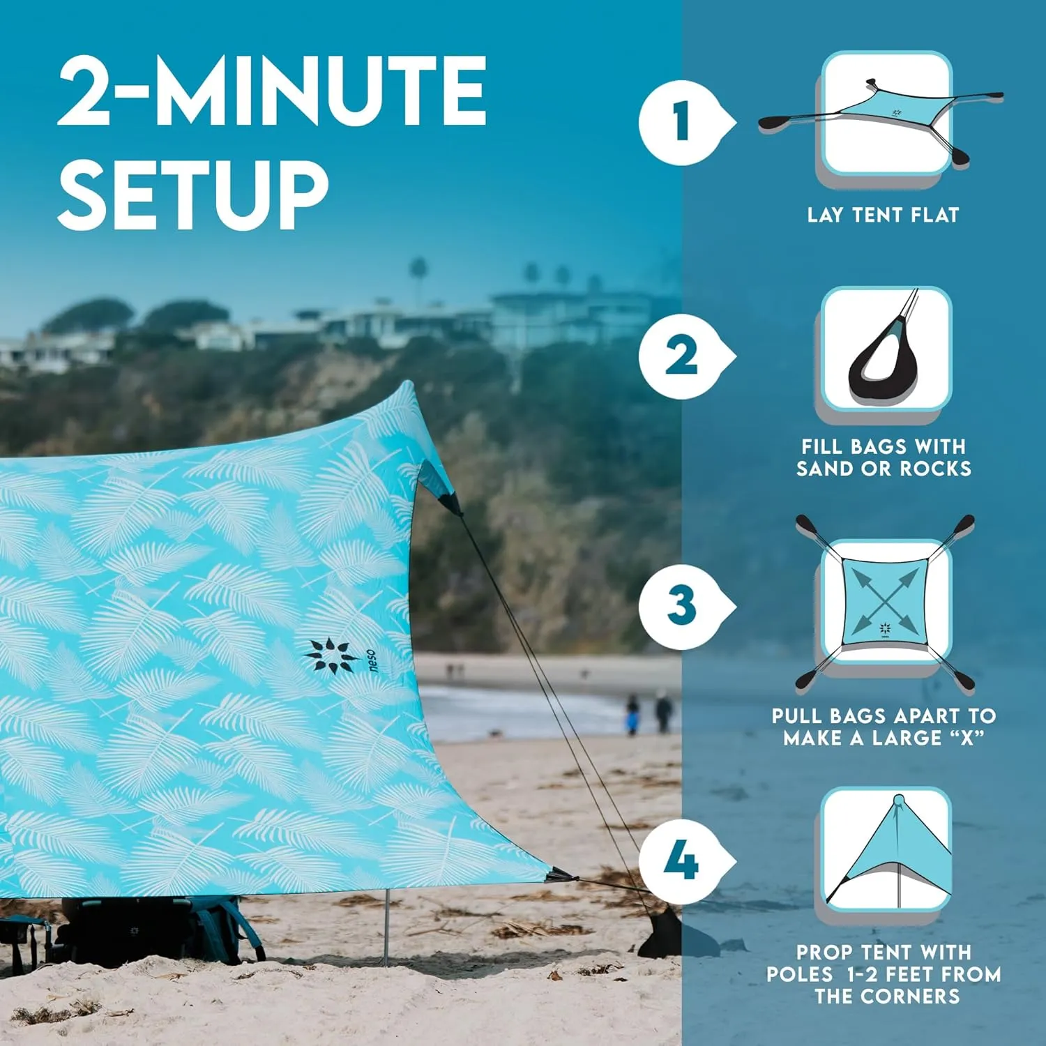 Neso Gigante - Portable Beach Tent - Ideal to Enjoy with Family and Friends - UPF 50 , Water-Resistant, and Lightweight - Aqua Fronds, 11' x 11'