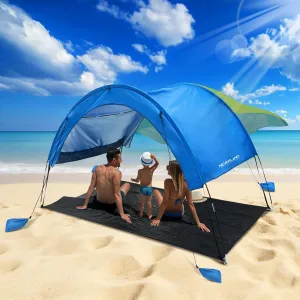 NEVERLAND Beach Tent, Sun Shelter for 3-4 Persons UPF50 , with Detachable Shade & Ground Mat, Includes 4 Adjustable Wind Ropes, 4 Sandbags, 6 Ground Pegs, Pop Up Canopy Sunshade for Camping, Green