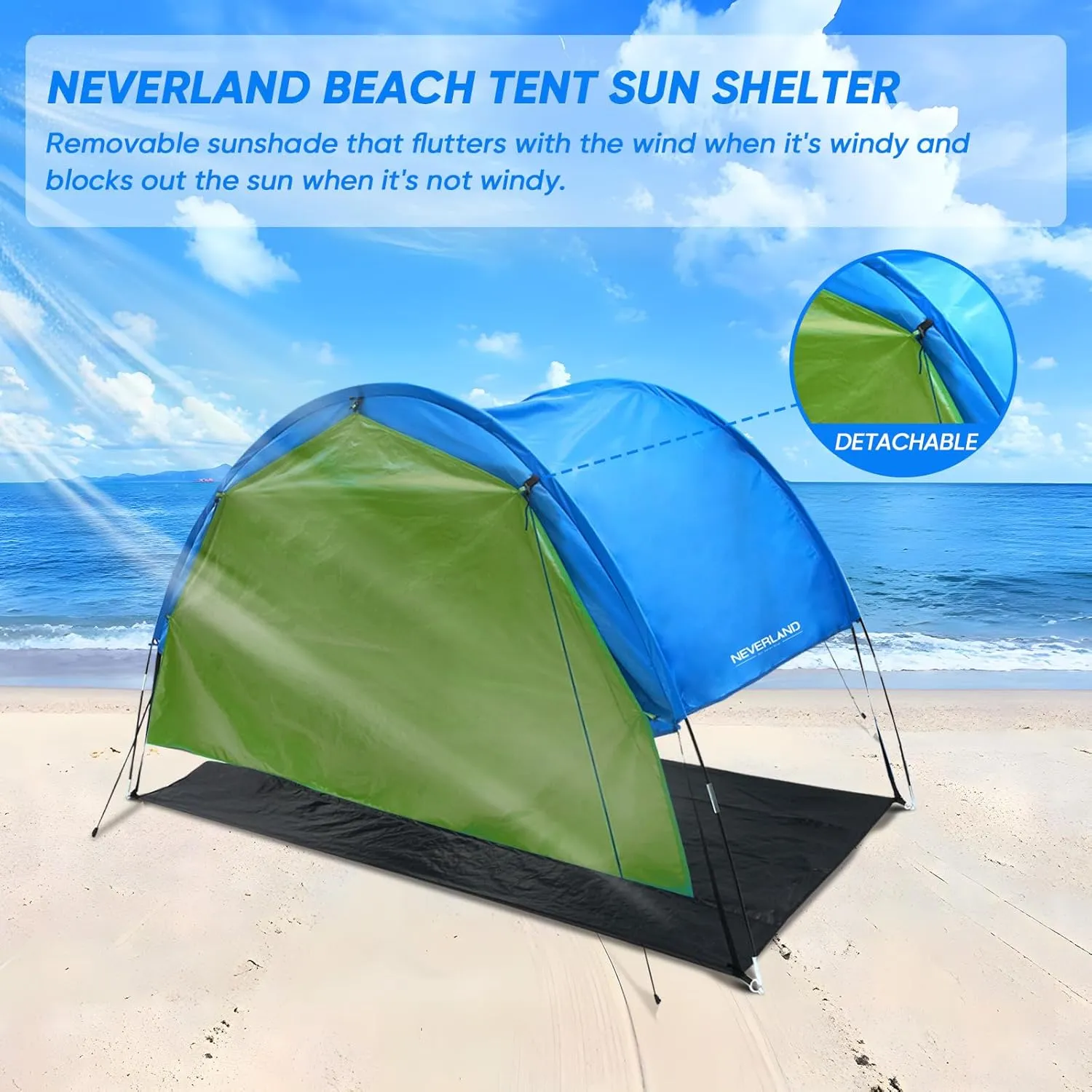 NEVERLAND Beach Tent, Sun Shelter for 3-4 Persons UPF50 , with Detachable Shade & Ground Mat, Includes 4 Adjustable Wind Ropes, 4 Sandbags, 6 Ground Pegs, Pop Up Canopy Sunshade for Camping, Green