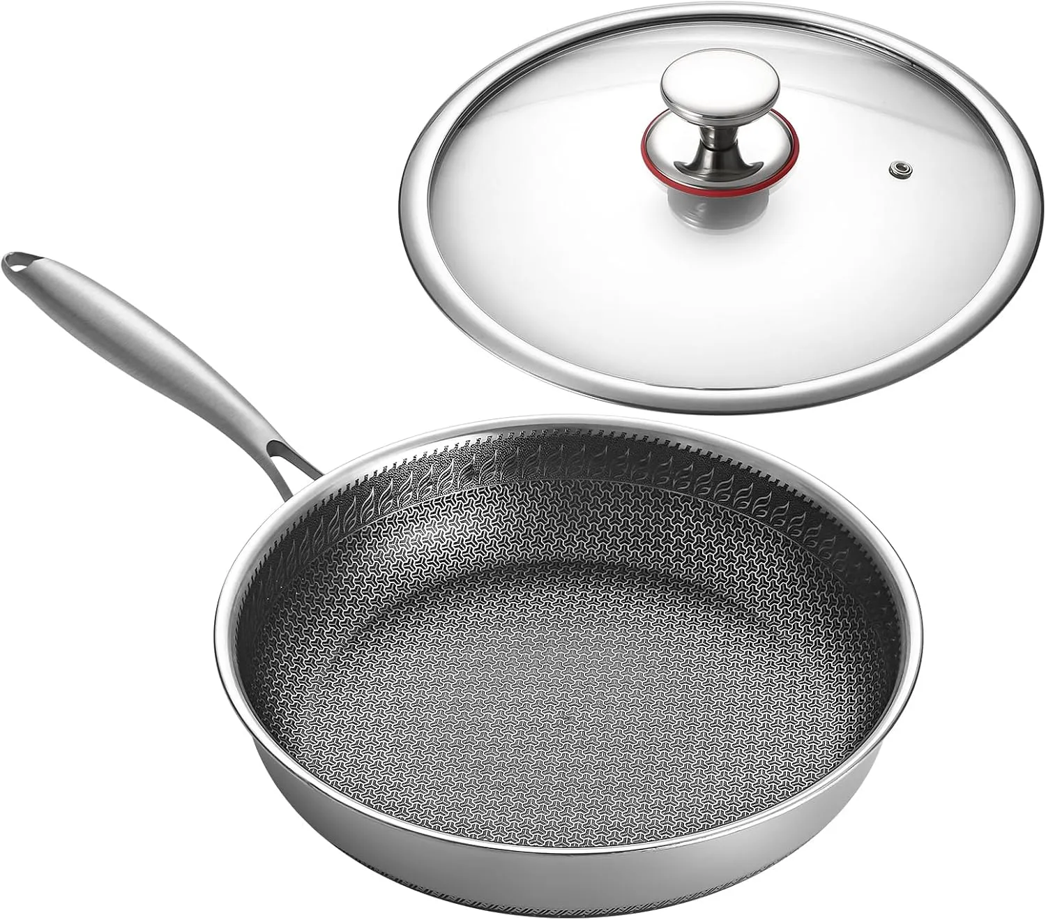 Non Stick Frying Pan with lid, 12 inch Stainless Steel Pan, Dishwasher & Oven Safe Wok, Induction Compatible, PFOA-Free Cookware, Skillet for Eggs, Pancakes, Searing