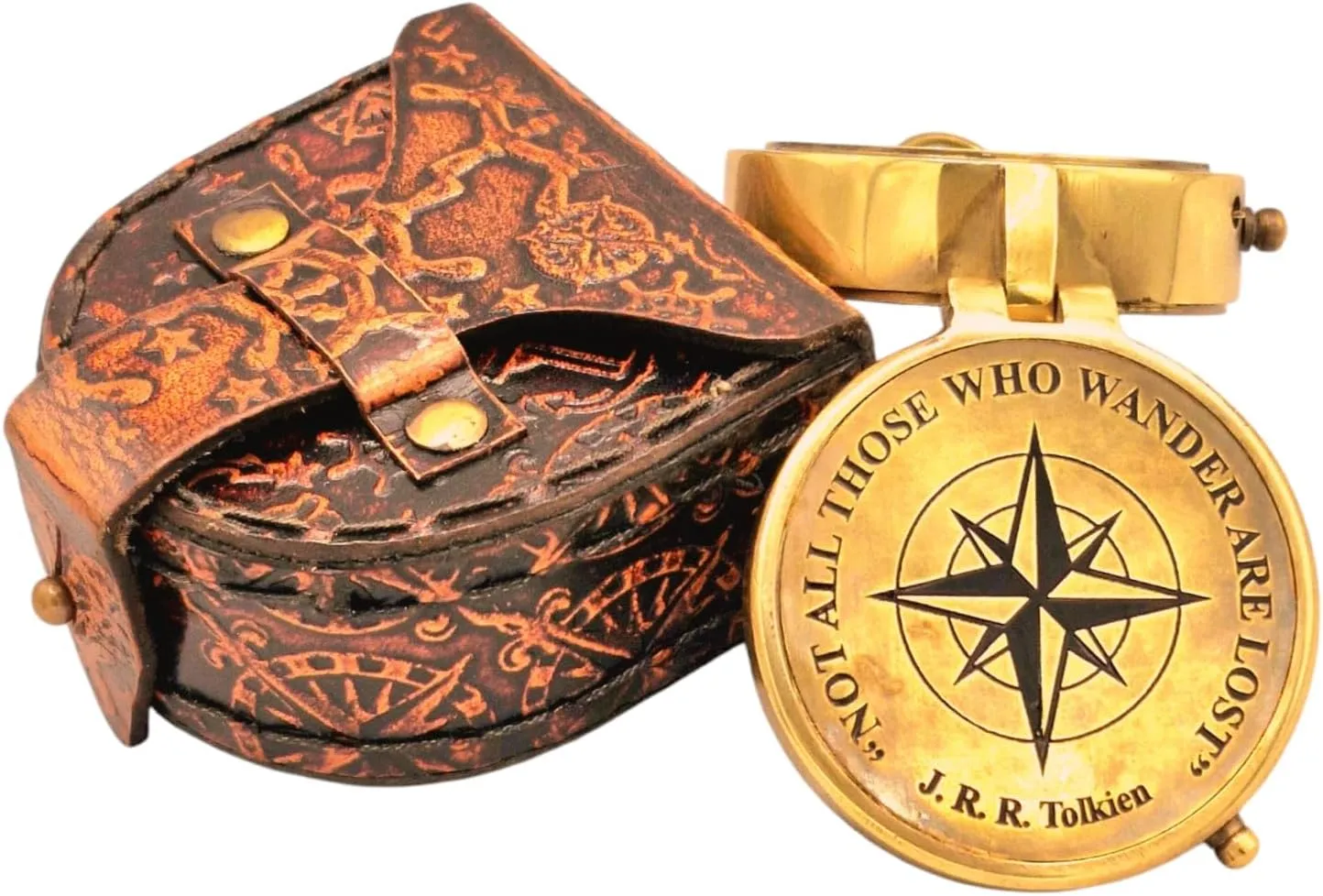 Not All Who Wander 2" Pocket Compas-s are Lost Engraved Compass Scripture J.R.R. Tolkien Antique Brass Pocket Compass Vintage Compas-s for Hiking & Camping Gifts for Men with Artificial Leather Case