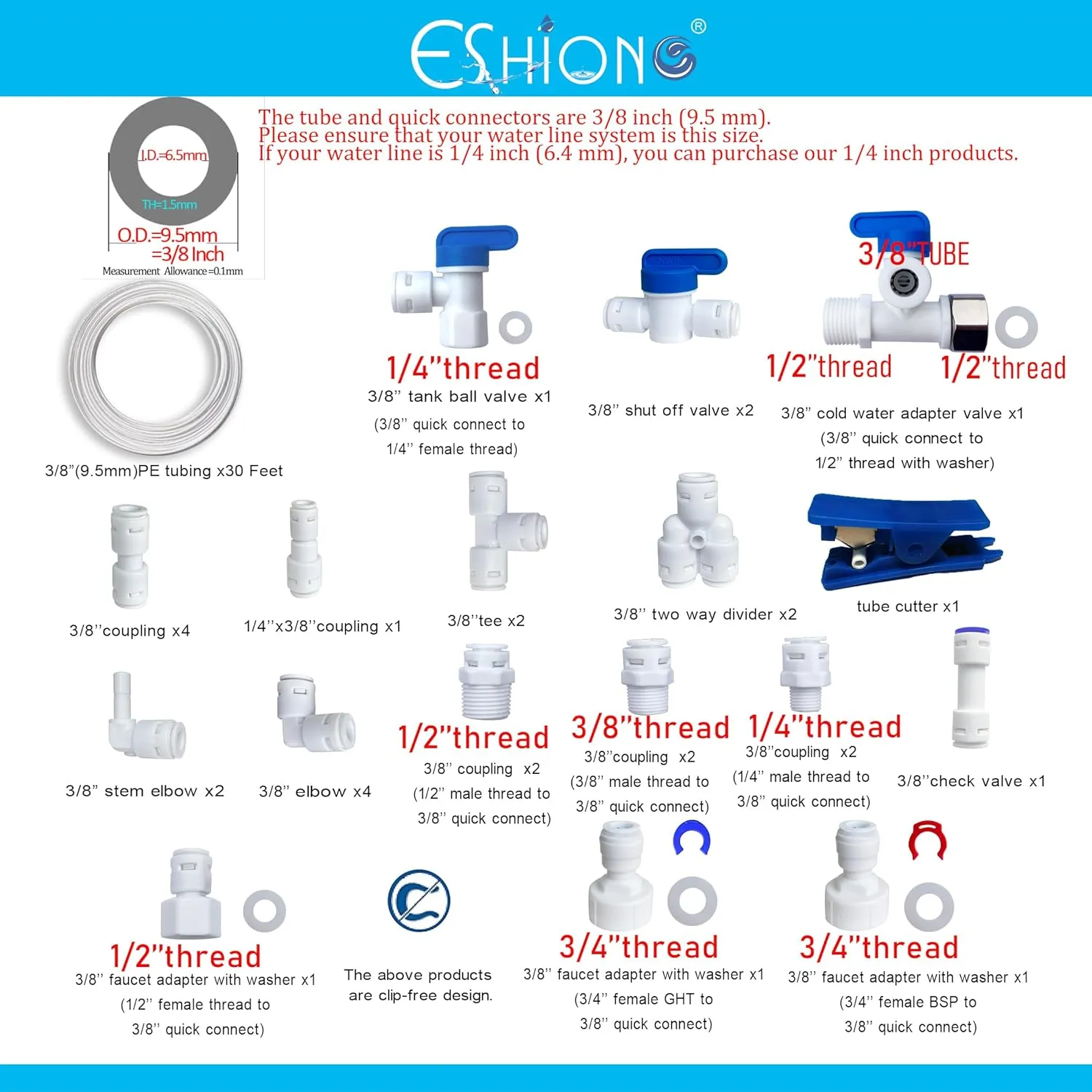 NSF Certified 3/8" O.D. Push to Connect Fittings for RO (Reverse Osmosis) Water Filter 30 pcs 30 feet 3/8" Water tubing.