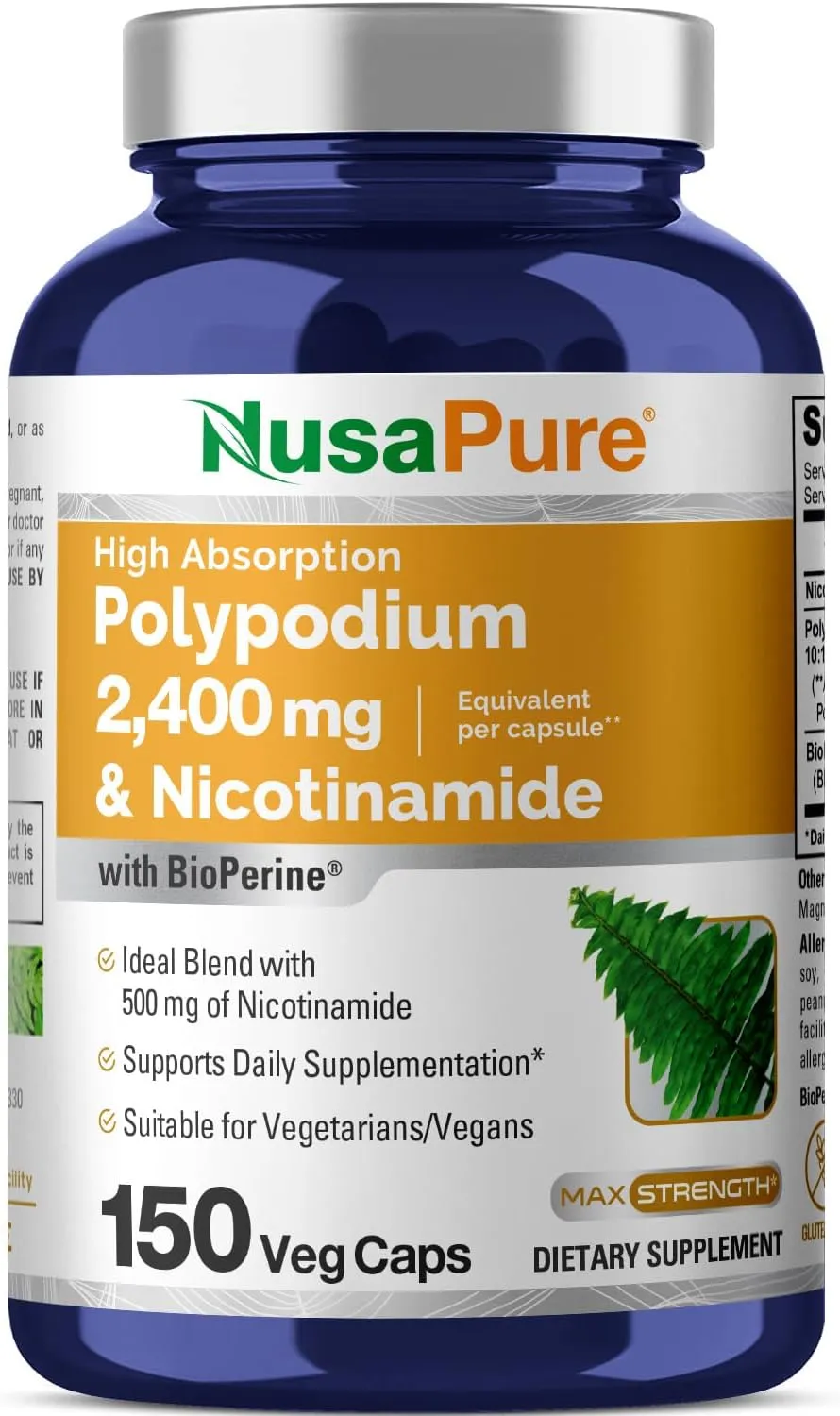 NusaPure Nicotinamide 500mg Polypodium Leucotomos Extract 2400mg per Vegan Caps - 150 Count (Non-GMO, Gluten Free, Bioperine)
