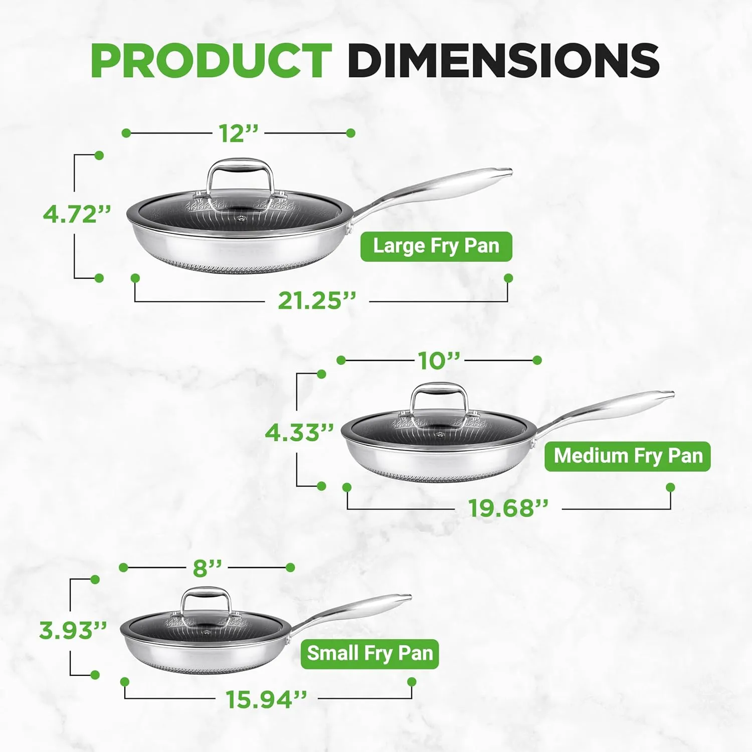 NutriChef 6-Piece Tri-Ply Stainless Steel Frying Pan Set – 8", 10", 12" Non-Stick Skillets with Lids, Induction Compatible, Oven Safe, Scratch-Resistant, Dishwasher Safe